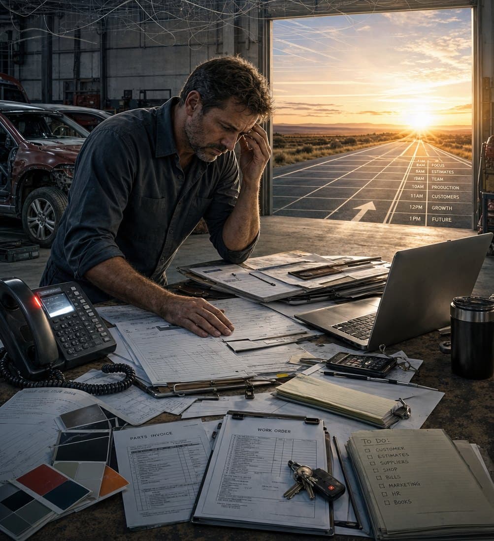 An auto shop owner going over work orders at his desk with the bay door open behind him.