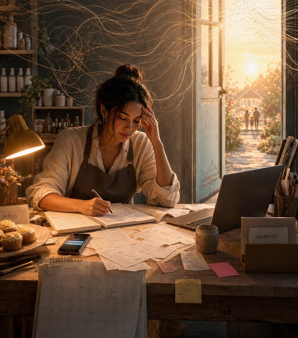 A bakery owner working through orders and invoices at her counter, the door open to the morning.