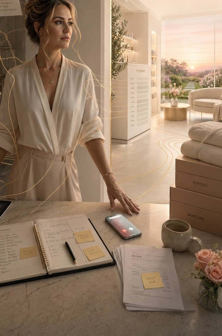 A med spa owner at her front desk with the day's schedule and messages around her.
